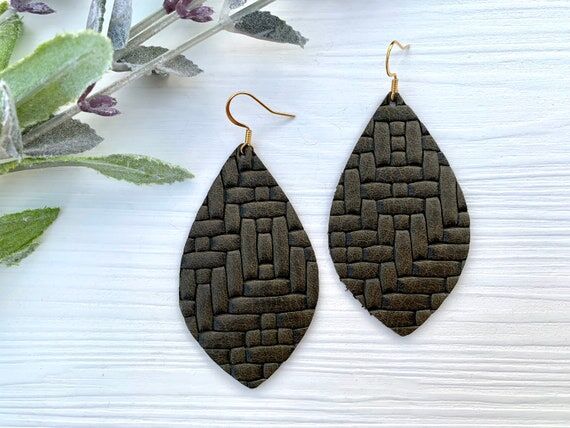 Olive Green Leather Earrings, Basket Weave Em...