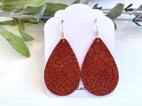 Rust Snakeskin Embossed Suede Leather Teardro...