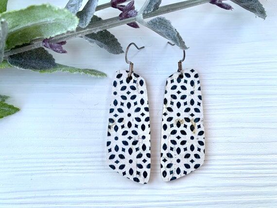 Geometric Cork Dangle Earrings, Black and Whi...