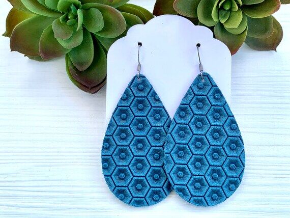 Teal Leather Teardrop Earrings, Embossed Sued...