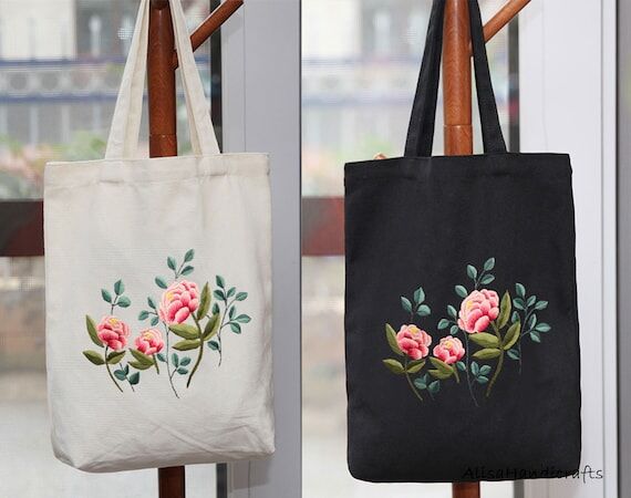 Hand Embroidery Rose Shoulder Bag, Canvas Tot...