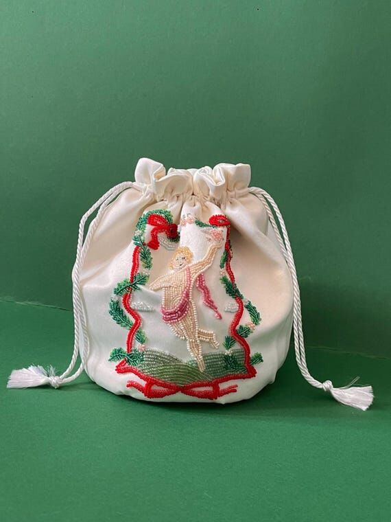 Ivory Satin Beaded Shoulder Bag: Rococo Cupid...