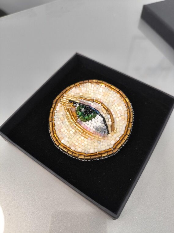 Evil Eye Brooch: Beaded embroidery, Victorian...