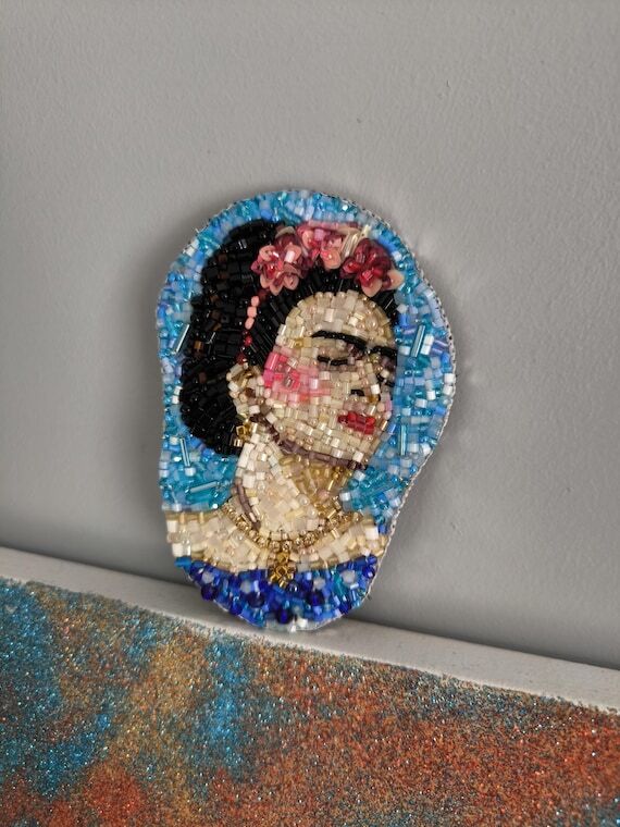 Beaded brooch Frida Kahlo: Embroidery portrai...