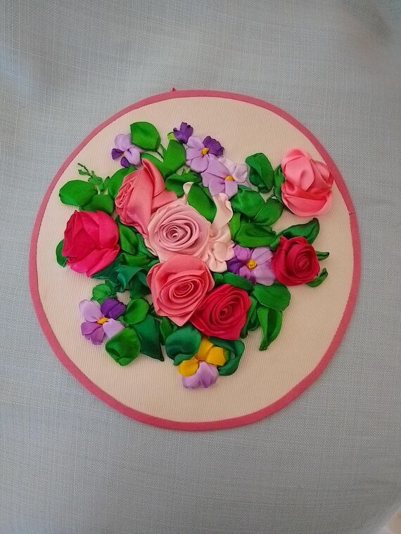 Handmade Ribbon Embroidery, Roses and Pansies...
