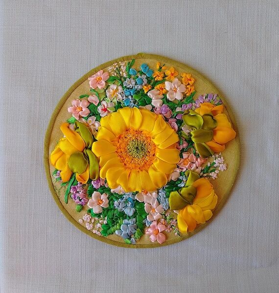 Hand Embroidered Sunflower in a Flower Bouque...