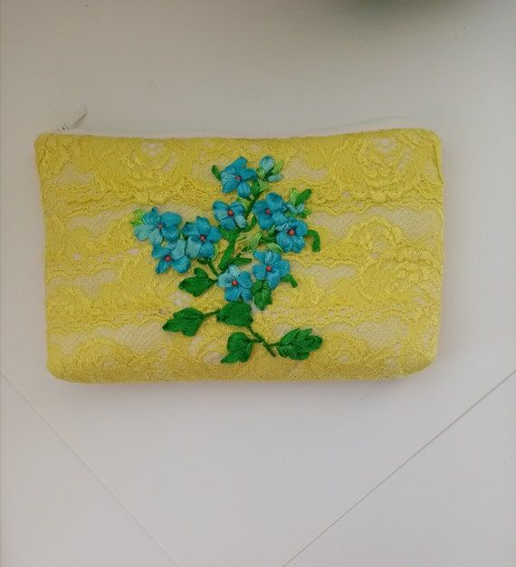 Handmade Yellow Cosmetic Bag: Embroidered For...