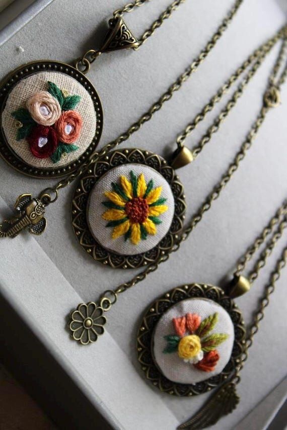 Hand Embroidered Floral Pendant Necklace: Vin...