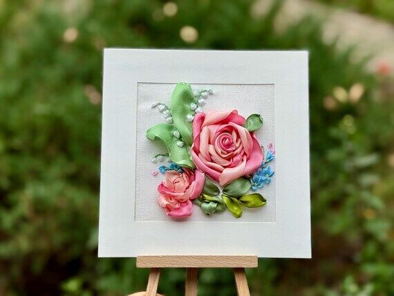 Hand-Embroidered Ribbon Roses Card: 3D Floral...