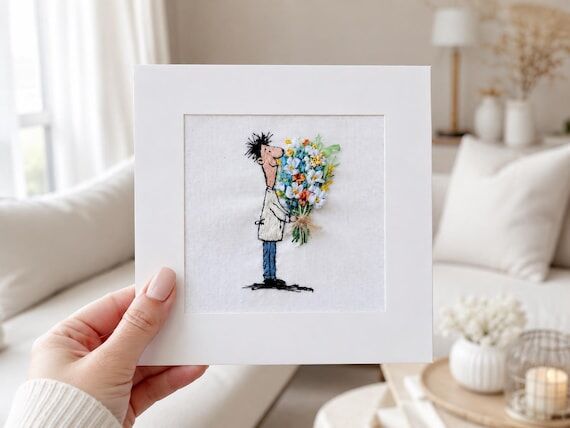 Hand Embroidered Greeting Card, Man Giving Wi...