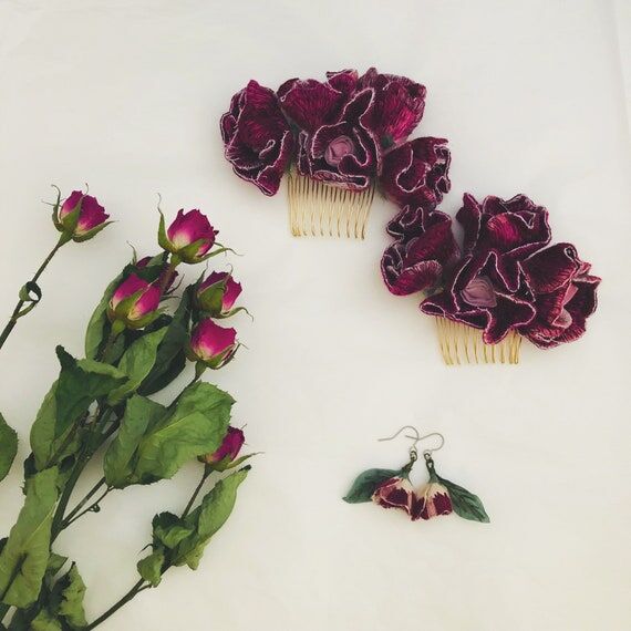 Dried rose earrings / Hand embroidered flower...