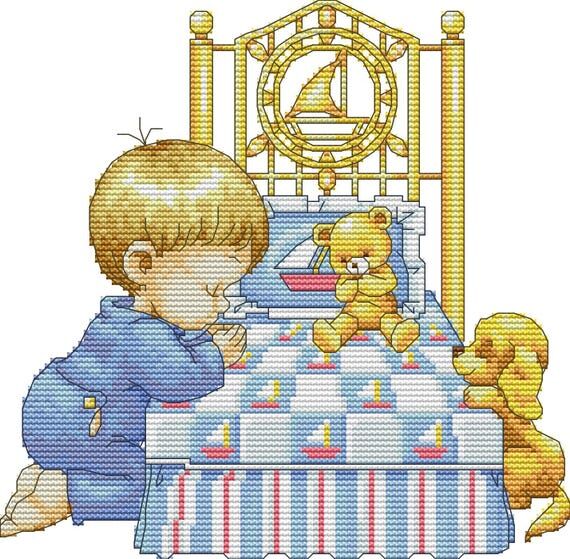 Stamped Cross Stitch Kit: Boy with Bed Bear, ...