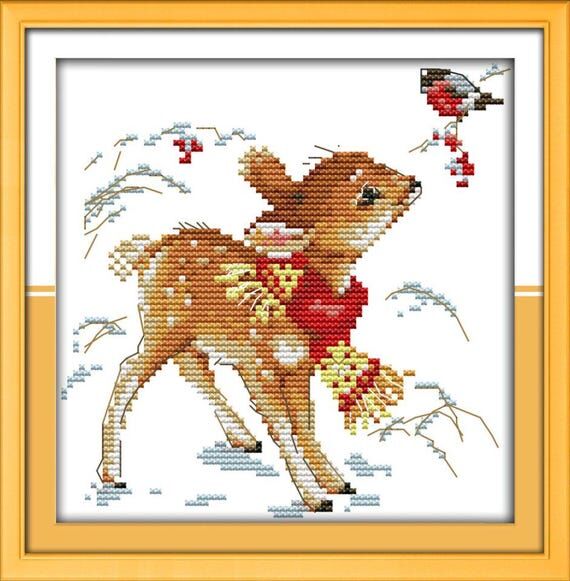 Stamped Deerlet Cross Stitch Kit, Pre-Printed...