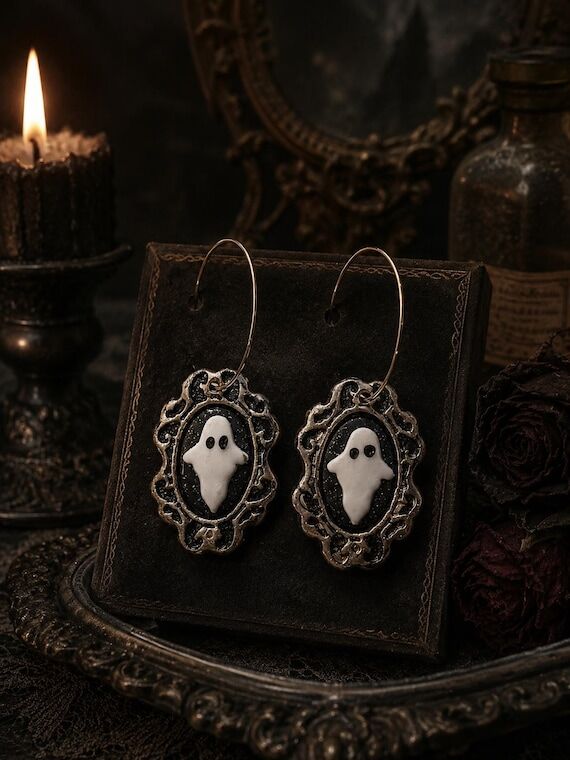 Handmade vintage ghost hoop earrings- Hallowe...