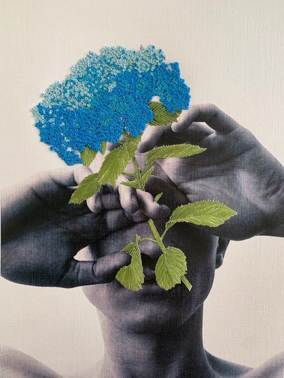 Hortensia, embroidery on paper, handmade, ha...