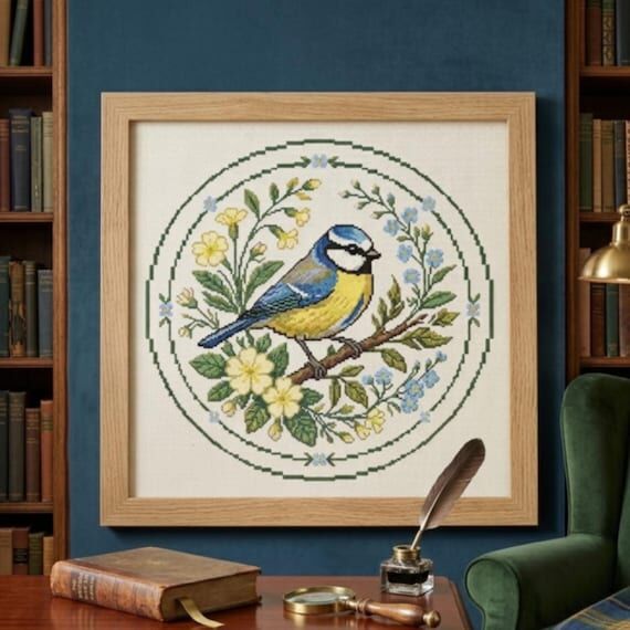 Blue Tit & Spring Flowers Cross Stitch Patter...