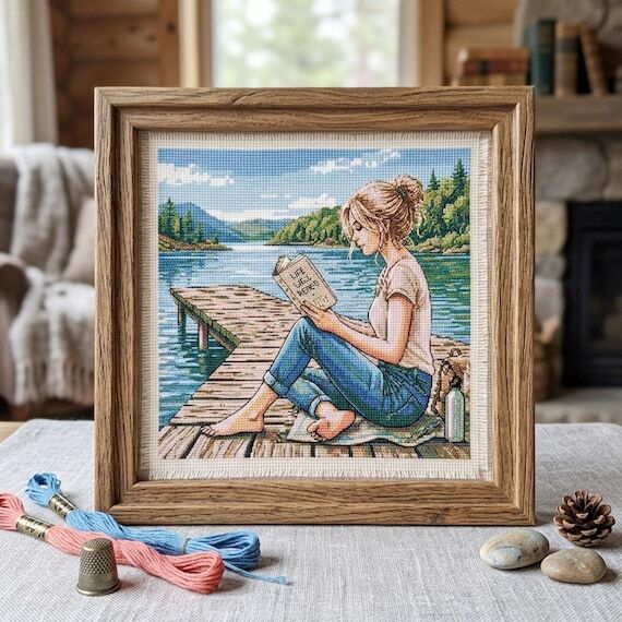 Girl Reading by the Lake Cross Stitch Pattern...