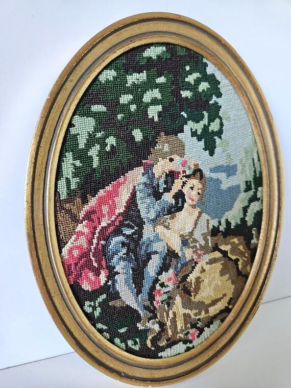 Vintage Needlepoint Tapestry – Romantic Sce...