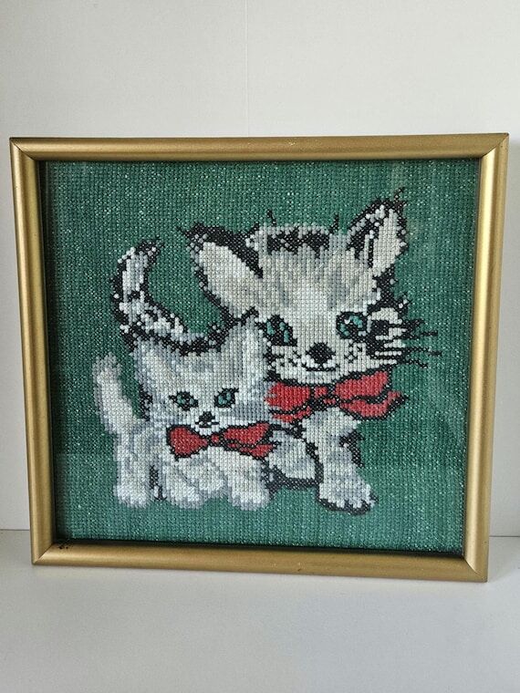 Vintage Handmade Cat Embroidery – Framed Ki...