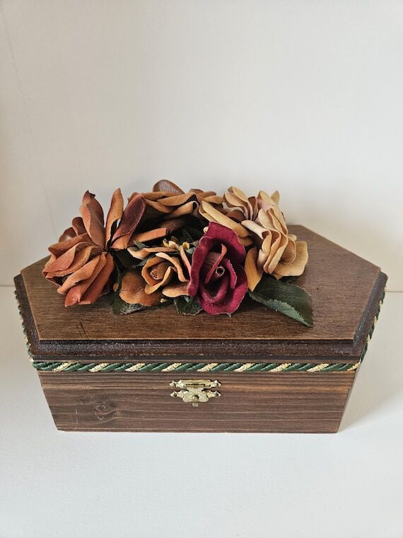 Vintage Hexagonal Wooden Box: Handmade Autumn...