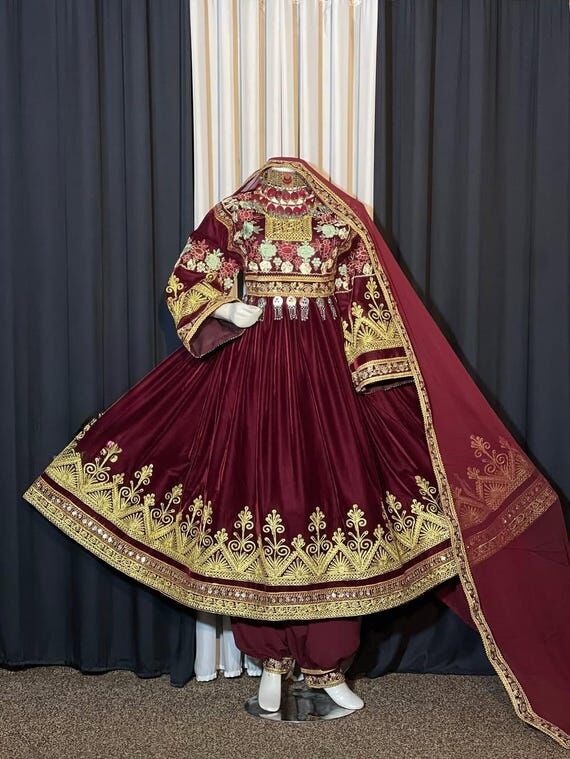 Hand-Embroidered Wedding Gown with Dupatta | ...