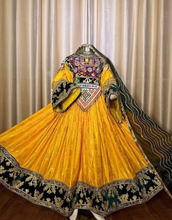 Hand-Embroidered Afghan Silk Dress with Jewel...