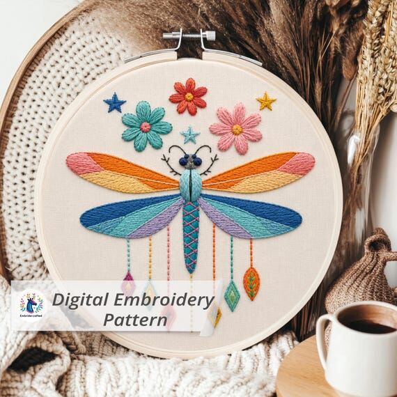 Dragonfly embroidery file design with colorfu...
