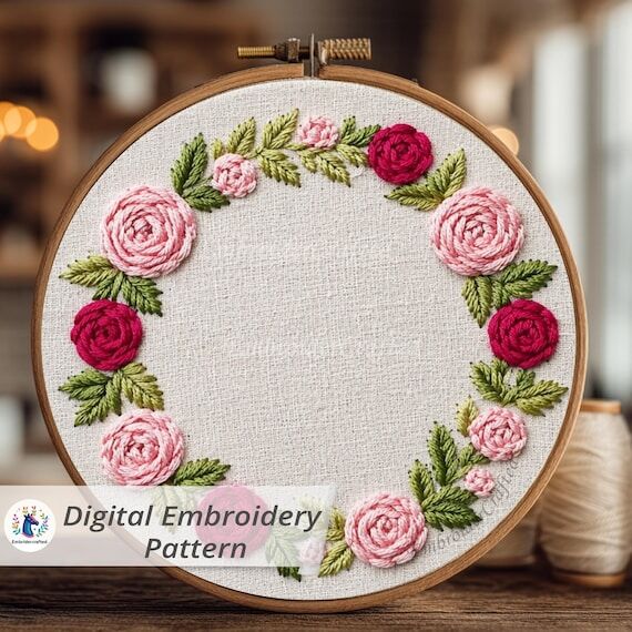 Floral wreath embroidery file design with pin...