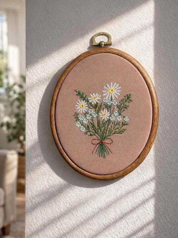 Vintage Daisy Floral Bouquet Embroidery Hoop ...