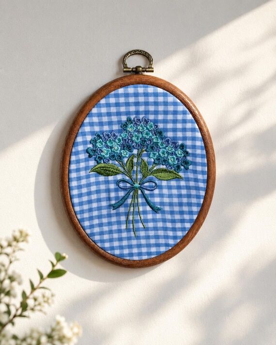 Blue Hydrangea Embroidery Hoop Art, Gingham F...