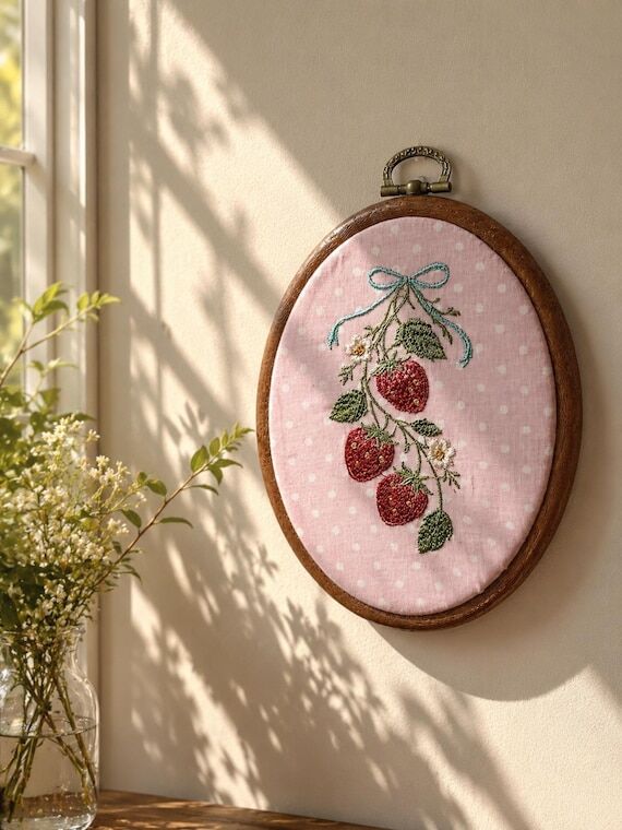 Pink Polka Dot Strawberry Embroidery Hoop | C...