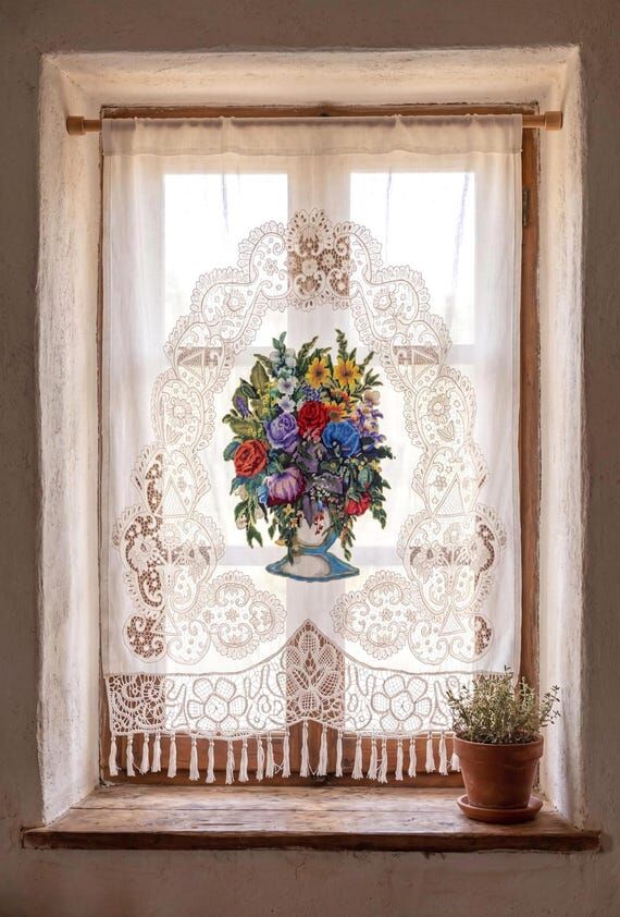 Vintage Linen Curtain – Richelieu Lace, Cro...