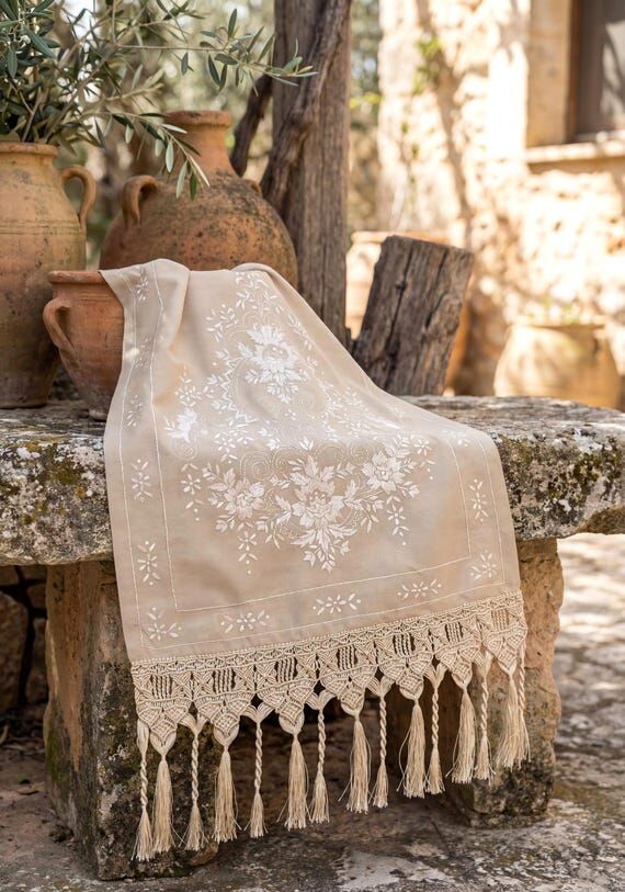 Gold SIlk Hand Embroidered Silk Table Runner:...