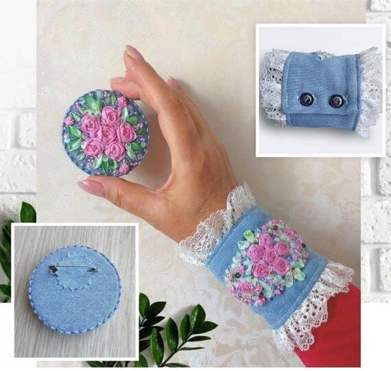 Shabby chic denim handmade jewelry set: embro...