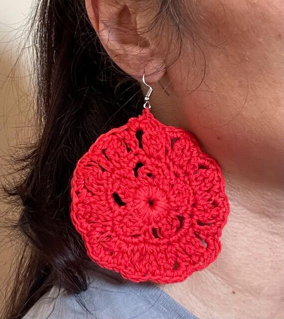 Handmade Floral Crochet Earrings - Red Folk J...