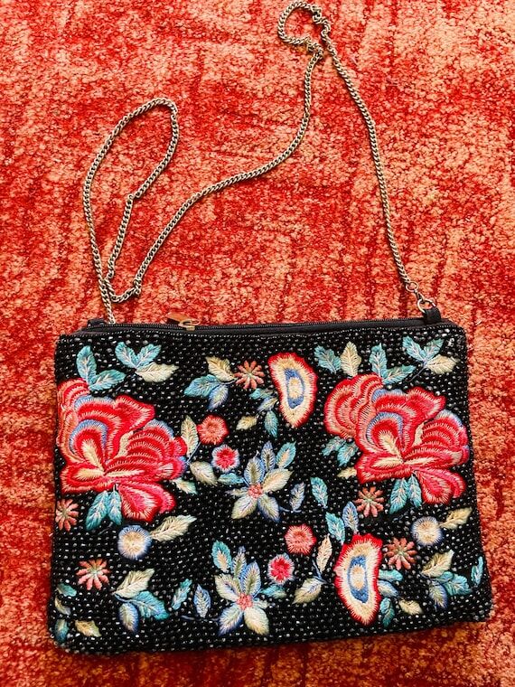 Floral Embroidered Beaded Clutch Bag, Black E...