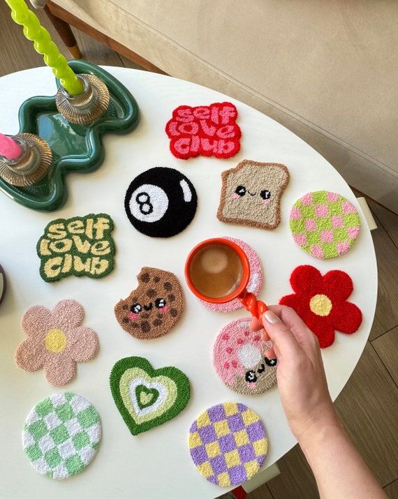 Y2K Punch Needle Mug Rug Coaster: Handmade Fl...