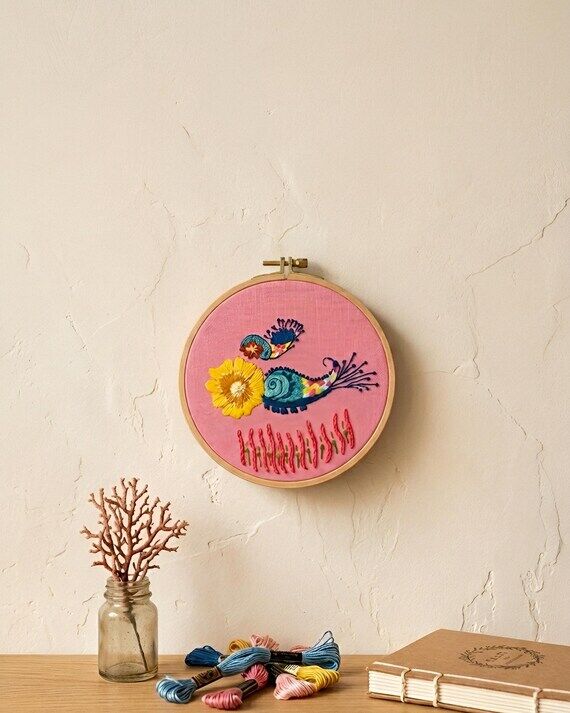 Hand Embroidery Fish & Flower Art, Boho Home ...