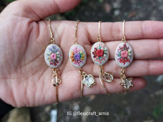 Floral Embroidered Bracelet, Gold Tone Chain,...