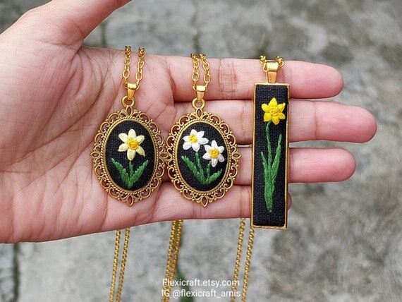 Daffodil Embroidered Necklace, March Birth Fl...