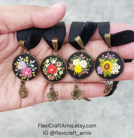 Handmade Floral Embroidered Choker Necklace, ...