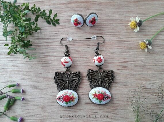 Butterfly Embroidered Dangle Earrings, Cerami...