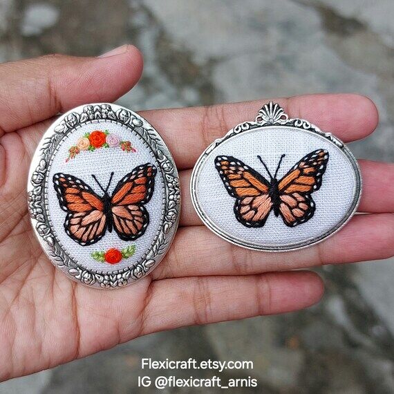 MONARCH BUTTERFLY embroidered brooch, hand em...