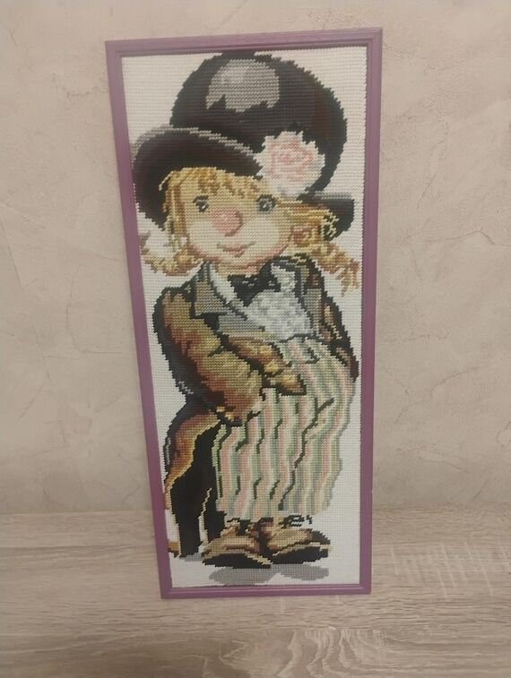 Vintage Wool Needlepoint Girl Portrait Wall A...