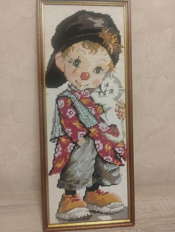 Vintage Wool Needlepoint Girl with Kitten Wal...