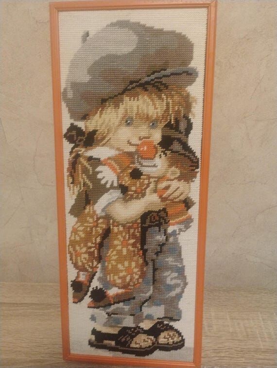 Vintage Wool Needlepoint Girl Teddy Bear Wall...