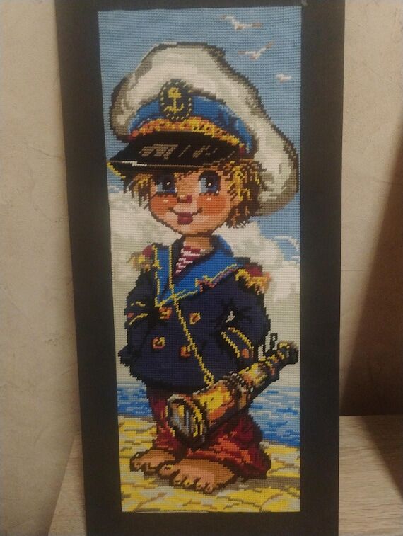 Vintage Wool Needlepoint Sailor Boy Art, Fram...