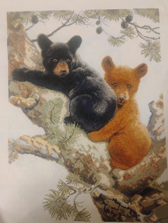 Handmade Bear Cubs Embroidery Tapestry Wall A...