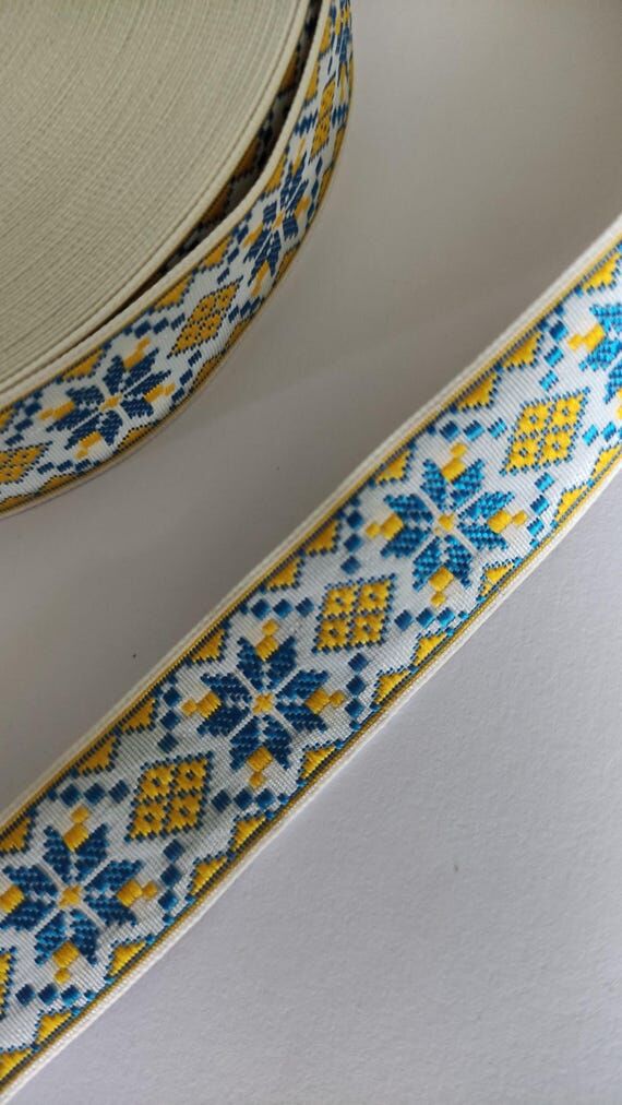 Jacquard ribbon trim, blue and yellow geomet...