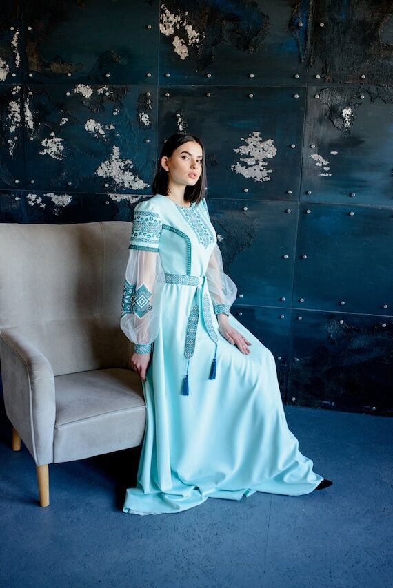Ukraine Vyshyvanka Wedding Dress, Turquoise L...